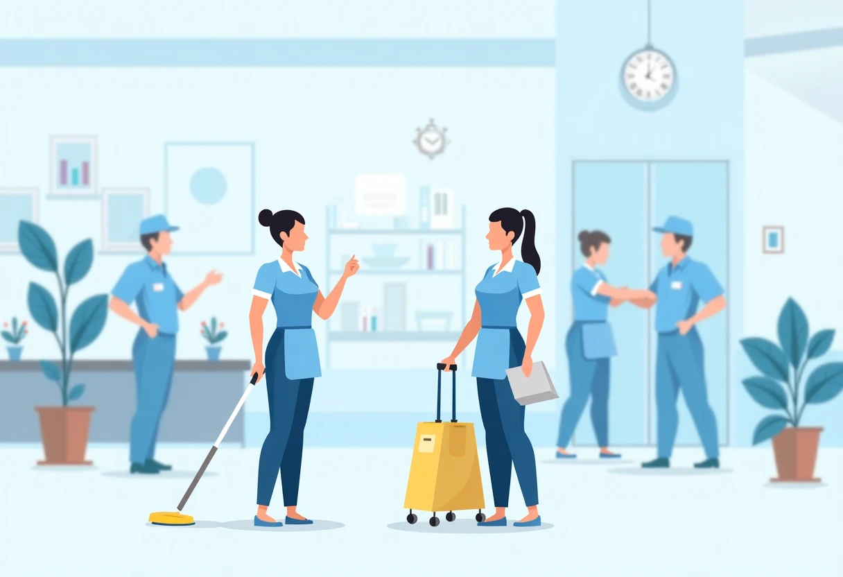Housekeeping team in a hotel lobby
