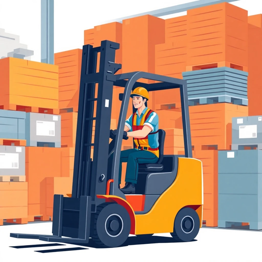 Warehouse worker operating forklift