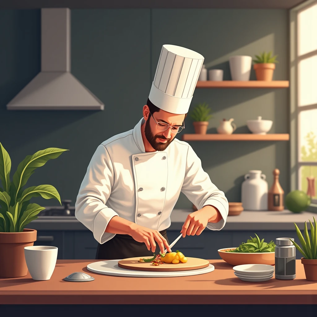 Chef trabajando en una cocina elegante