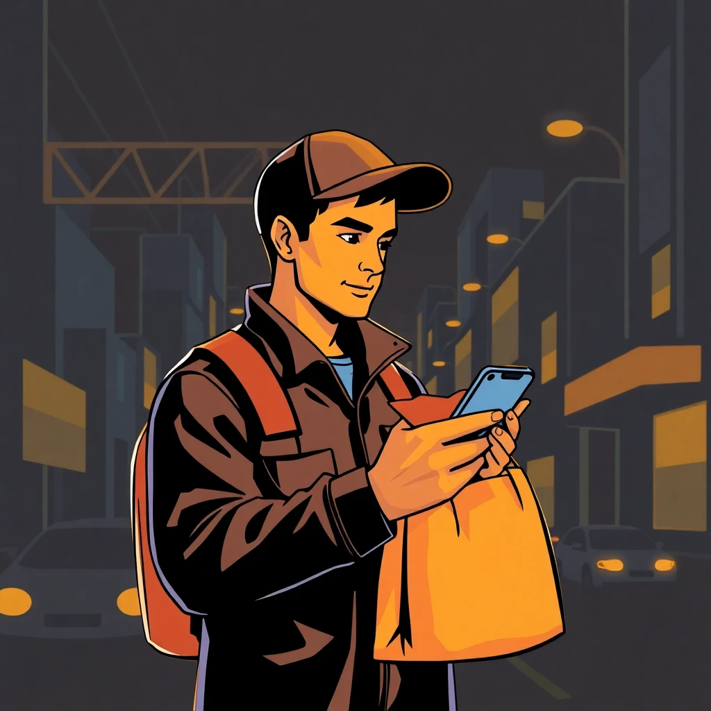 Delivery driver checking phone