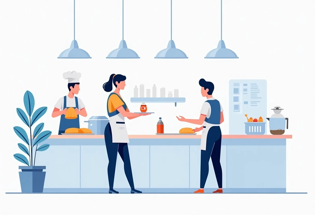 Waiter serving and baker working