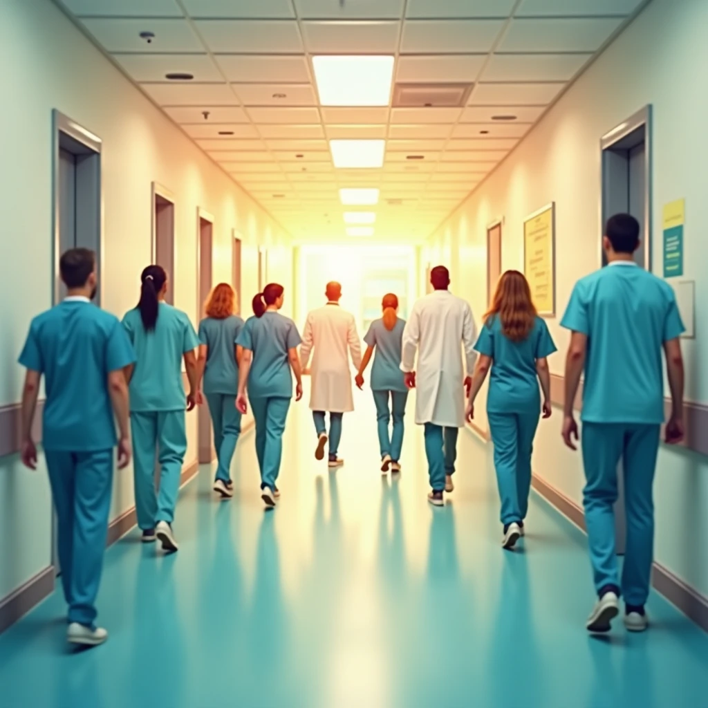 Healthcare professionals in a vibrant hospital setting