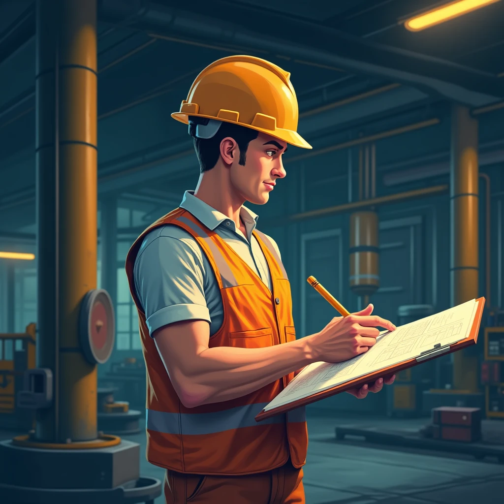 Worker reviewing production plans